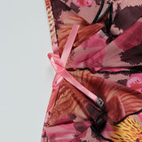 Vestido maxi sexy, sin tirantes, estampado, con volantes y ajustado.