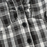 Blusa de cuadros británicos, escote en pico con volantes y mangas abullonadas