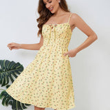 Vestido de tirantes finos para mujer - Escote cuadrado - Estampado floral - Corte acampanado