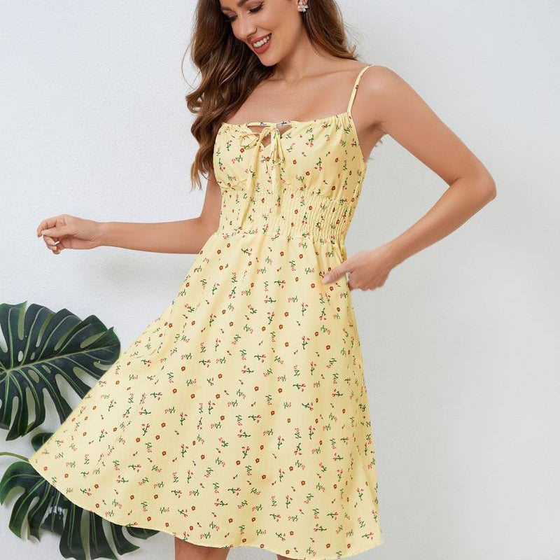 Vestido de tirantes finos para mujer - Escote cuadrado - Estampado floral - Corte acampanado