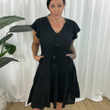 Vestido de mujer – Corte informal – Mangas con volantes – Cuello en V – Botones y cintura ajustable