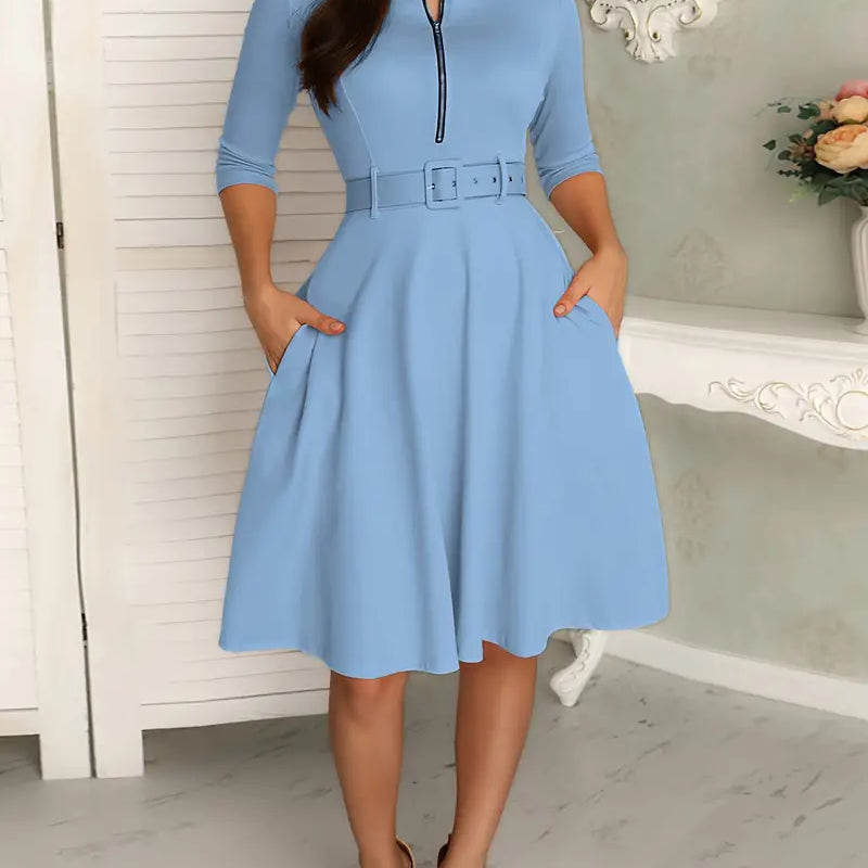 Vestido de mujer de corte A - Largo hasta la rodilla - Mangas 3/4 - Cuello redondo con cremallera - Cinturón ajustable