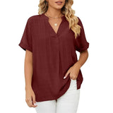Blusa de mujer - Cuello en V - Mangas cortas con vuelta - Corte holgado - Tejido ligero y transpirable