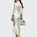 Rebecca - Vestido midi de satén con escote en V