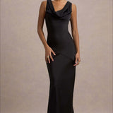 Vestido de noche sirena de satén con cuello vuelto