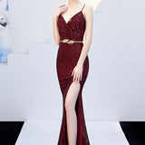 Vestido de noche de sirena sexy y ajustado con cinturón.