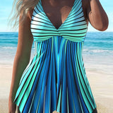 Traje de baño tankini para mujer – Corte fluido – Cuello en pico – Tejido transpirable – Rayas verticales