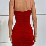 Vestido mini ajustado para mujer - Cuello en V - Sin mangas - Tirantes finos - Detalle fruncido