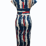 Vestido midi de mujer - Denim patchwork ajustado - Mangas cortas - Cuello en V elegante