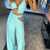 Conjunto de mujer: Top asimétrico de tirantes y pantalón de cintura alta y ancha