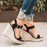 Sandalias de cuña para mujer - Punta abierta - Estilo alpargata - Correa ajustable en el tobillo