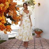Vestido de mujer - Hombros descubiertos - Mangas abullonadas - Estampado floral - Corte midi fluido