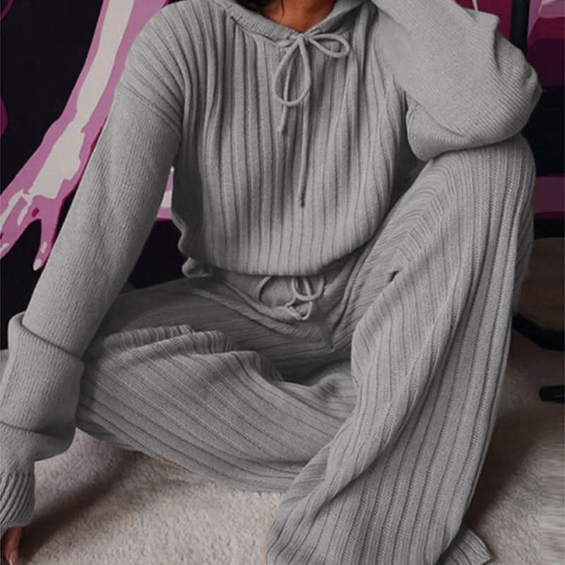 Conjunto de mujer – Punto acanalado – Cómodo y elegante – Top de manga larga con pantalón ajustado