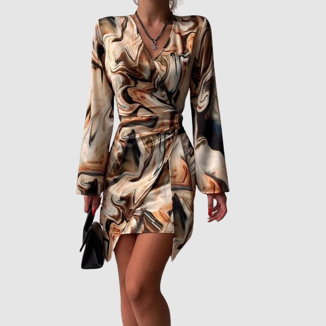 Vestido cruzado para mujer - Mangas largas - Cuello en V - Ajuste ajustable - Estampado moderno