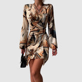Vestido cruzado para mujer - Mangas largas - Cuello en V - Ajuste ajustable - Estampado moderno