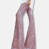 Pantalón de mujer – Cintura alta – Pierna ancha – Lentejuelas geométricas – Largo completo