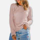 Camiseta de manga larga para mujer – Corte relajado – Punto gofre – Hombros caídos