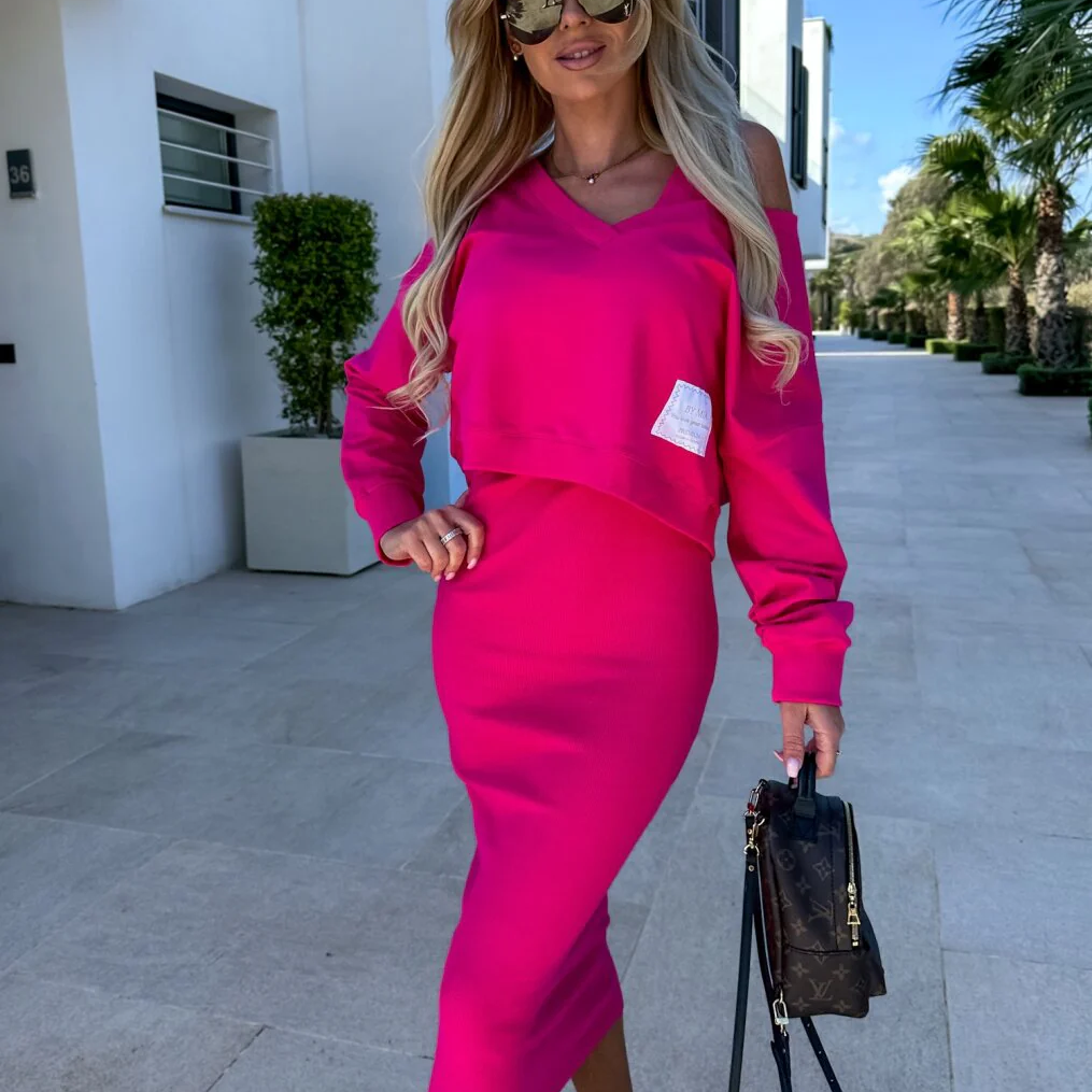 Conjunto de vestido para mujer – Punto suave – Top de manga larga con cuello en V – Falda tubo midi