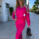 Conjunto de vestido para mujer – Punto suave – Top de manga larga con cuello en V – Falda tubo midi