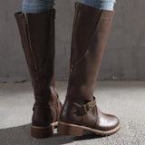 Botas altas para mujer - Piel lisa - Punta redonda - Tacón cuadrado cómodo - Hebilla decorativa