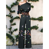 Mono de mujer – Hombros descubiertos – Estampado de mariposas – Cinturón ancho – Corte holgado y elegante