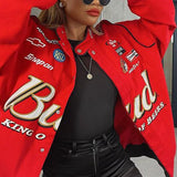 Chaqueta casual roja estampada con cremallera