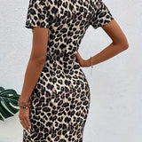 Vestido de mujer - Entallado - Mangas cortas - Escote en forma de lágrima - Detalles de malla - Largo hasta la rodilla