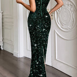 Vestido de noche largo sin tirantes con lazo