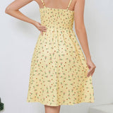 Vestido de tirantes finos para mujer - Escote cuadrado - Estampado floral - Corte acampanado
