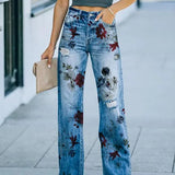 Pantalón de mujer – Talle alto – Corte recto – Detalles desgastados – Estampado floral 3D