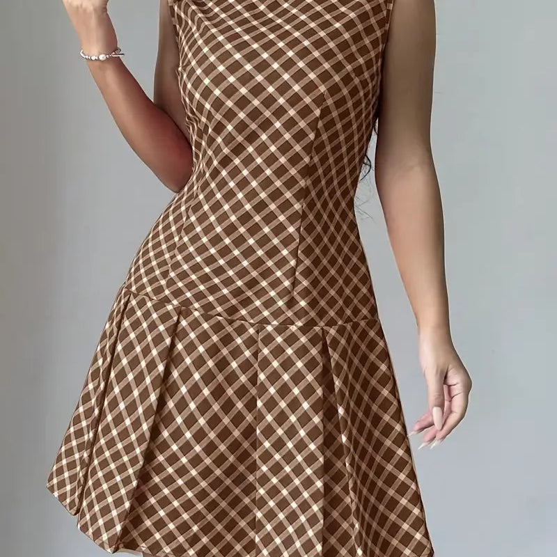 Vestido sin mangas para mujer - Corte entallado - Estampado de cuadros - Falda acampanada