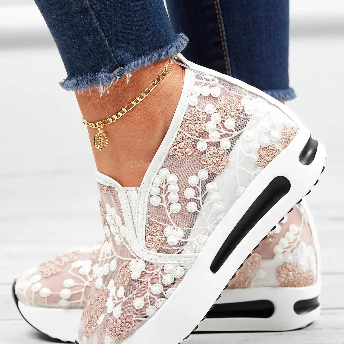 Zapatillas deportivas para mujer - Malla transpirable - Elegante bordado floral - Suela gruesa y cómoda