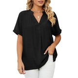 Blusa de mujer - Cuello en V - Mangas cortas con vuelta - Corte holgado - Tejido ligero y transpirable