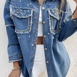 Abrigo largo en denim en contraste con perlas