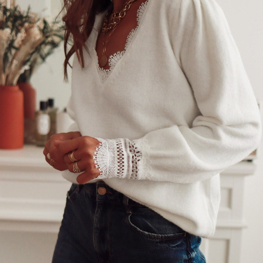 Blusa de manga larga con inserciones de encaje