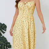 Vestido de tirantes finos para mujer - Escote cuadrado - Estampado floral - Corte acampanado
