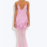Vestido largo sirena con lentejuelas y escote en pico