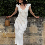 Vestido largo de punto estilo campestre con escote en pico y volantes franceses