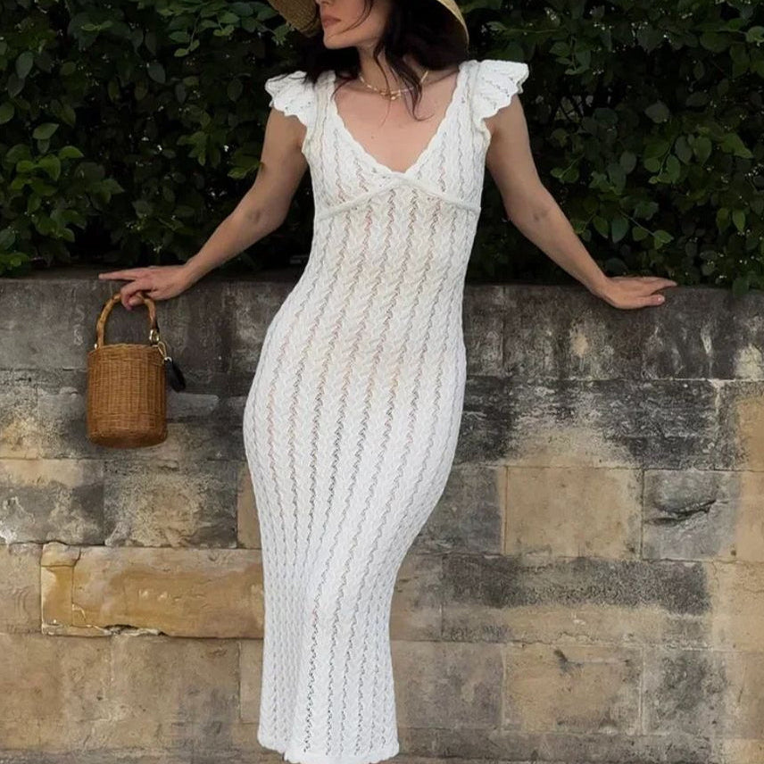 Vestido largo de punto estilo campestre con escote en pico y volantes franceses