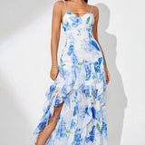 Vestido de noche con abertura y estampado floral