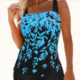 Tankini para mujer – Conjunto cómodo – Estampado de hojas – Corte holgado – Buena cobertura