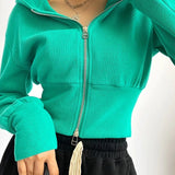 Sudadera con capucha corta, sencilla y ajustada, con doble cremallera