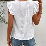 Blusa de mujer - Bordado inglés - Mangas con volantes - Corte holgado - Cuello redondo
