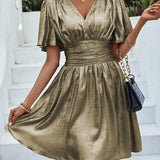 Vestido de mujer - Escote en pico - Mangas mariposa - Cintura ajustada - Tejido brillante