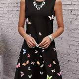 Vestido sin mangas para mujer - Corte acampanado - Cuello redondo - Estampado de mariposas - Fluido y ligero