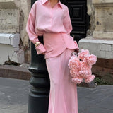 Conjunto de dos piezas: vestido camisero liso de manga larga, de estilo urbano elegante y creativo.