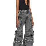 Pantalón cargo multibolsillos gris lavado, estilo urbano