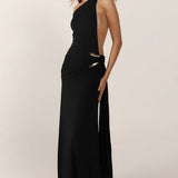 Vestido maxi sexy ajustado con espalda descubierta y detalles metálicos
