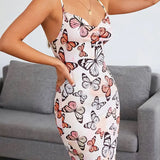 Vestido mini ajustado para mujer - Tirantes finos - Cuello vuelto - Estampado de mariposas
