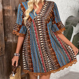 Vestido bohemio para mujer - Corto y fluido - Cuello en V - Estampado étnico - Mangas de encaje 3/4